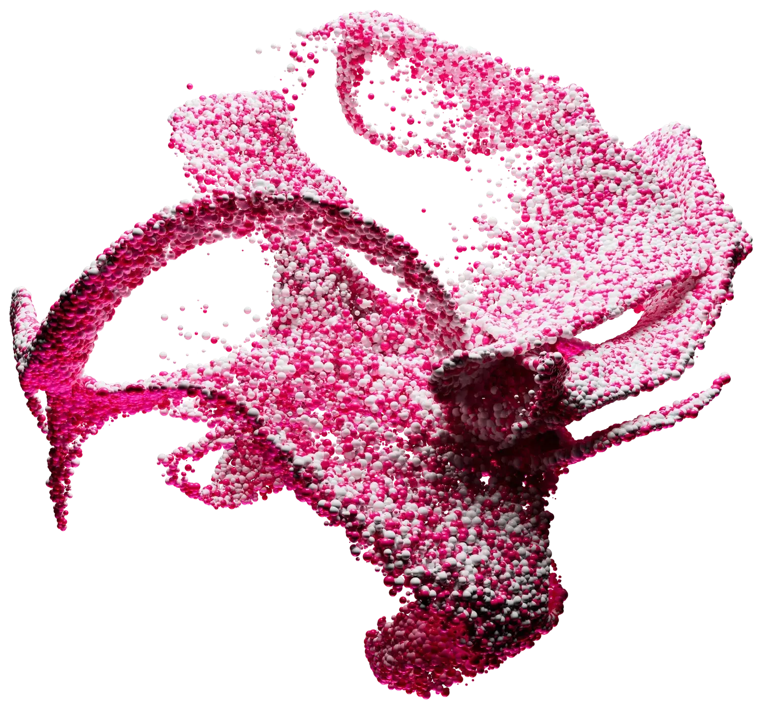 Small red and white spheres form an amorphous shape